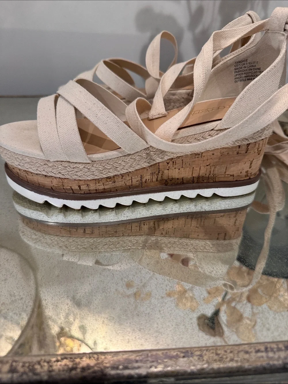 Shoe Dazzle Beige Canvas Lace-Up Espadrille Platforms